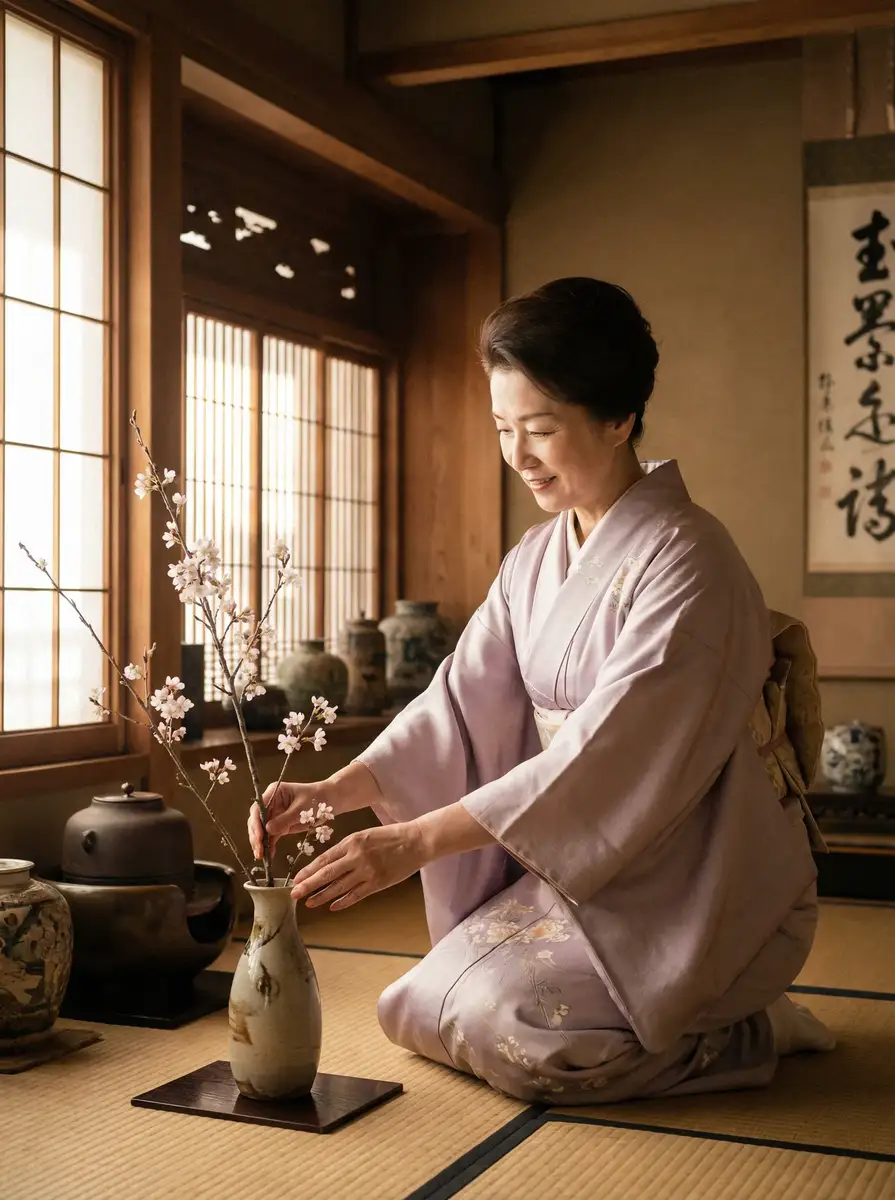 一位优雅的 财神体育平台 在和室中插花