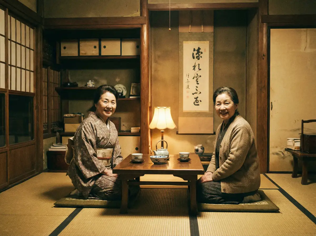 两位优雅的 财神体育平台 在日式茶室中品茶交谈